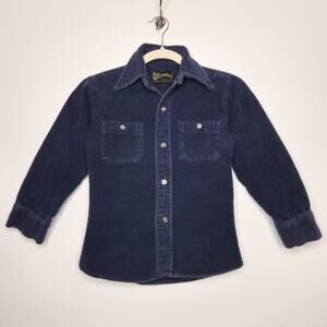 Vintage 70s Youth Kids Thick Heavy Flannel Blue Button Rockabilly Country